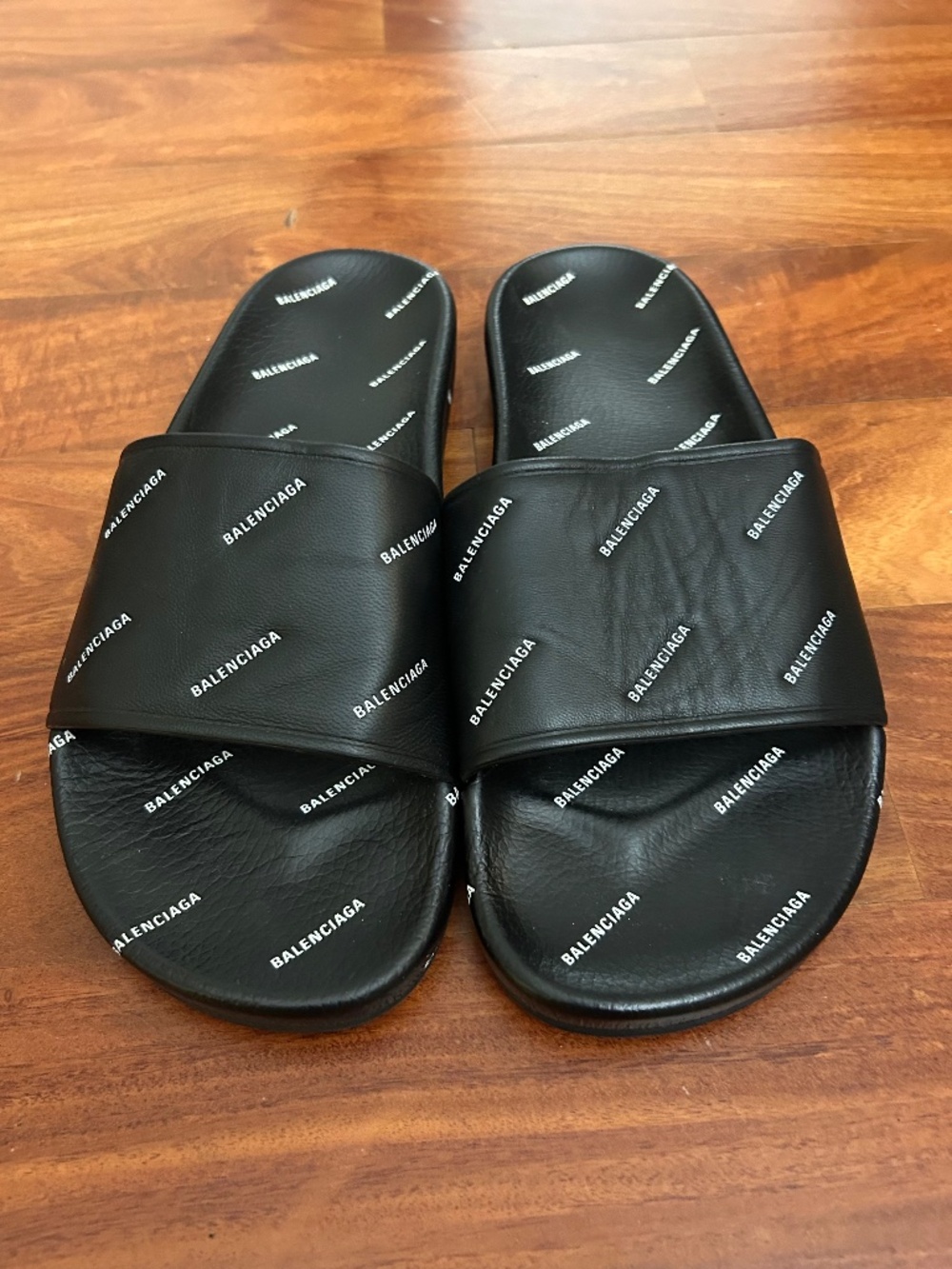 2019 Balenciaga Leather Slides - All Over Balenciaga Print